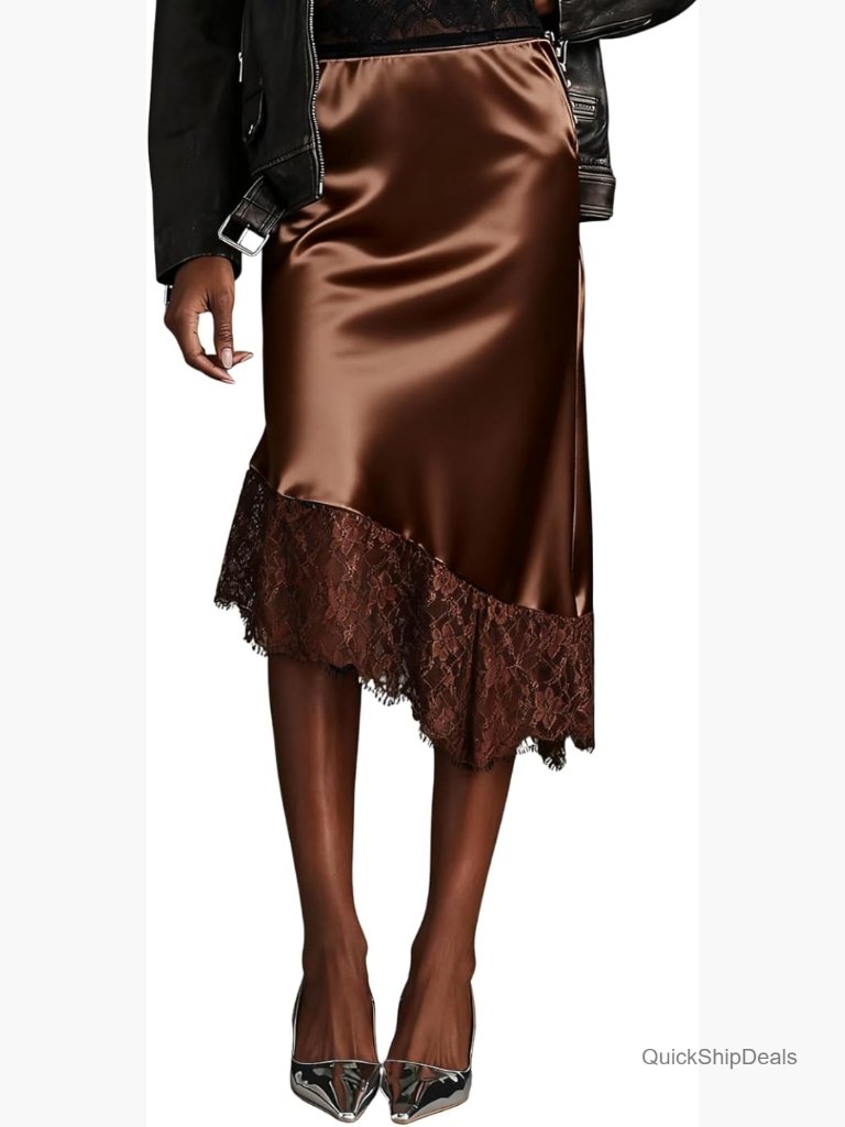 Lace Trim Satin Midi Skirt Asymmetrical Elastic Waist A-Line